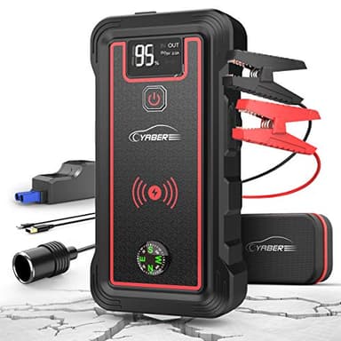 YABER Arrancador de coche, pico de 2500 A, 23800 mAh, arrancador de batería de coche (todo a gas o diésel de 8.0 L) cargador inalámbrico portátil con linterna LED, encendedor de cigarrillos EC5,