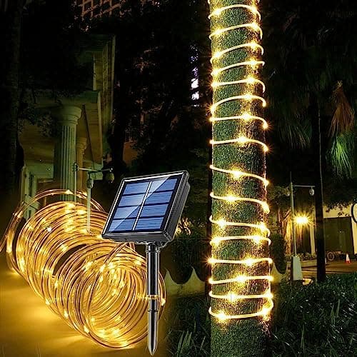 Auting Cadena de luces solares de 10 m, para exteriores, 100 ledes, resistente al agua, 8 modos, blanco cálido, para decoración de árboles, jardín, patio, casa, iluminación, fiestas y terrazas