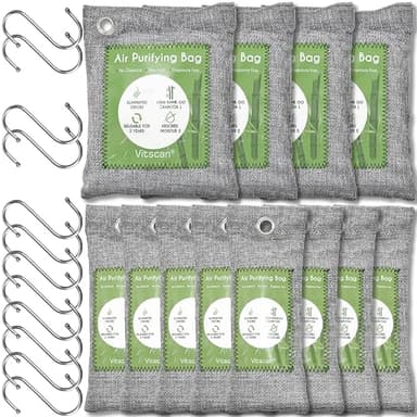 Paquete de 12 bolsas purificadoras de aire de carbón de bambú, bolsas de carbón activado absorbente de olores, absorbente de humedad, ambientador natural para automóvil, desodorante (8x50g, 4x200g)