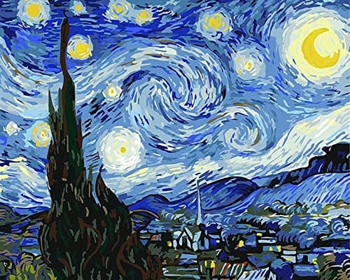 DIY pintura al óleo por números, noche estrellada, kit para adultos niños estudiantes principiantes, arte decoración de pared 16x20 pulgadas