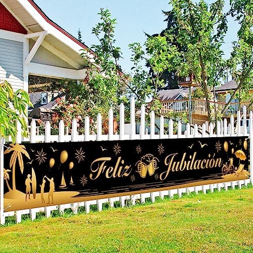 DPKOW Español Feliz Jubilación Pancarta para Fiesta de Jubilación Decoración, Oro Negro Jubilada Pancarta para Jubilación Interior Exterior Decoración Fiesta Despedida Trabajo Jubilada, 270 * 35cm