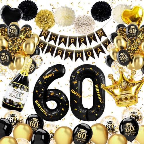 Globos 60 Cumpleaños Negros y Dorados, Decoración Cumpleaños 60 Años Hombres Mujer, Globos de Cumpleaños 60 Años con Pancarta Feliz Cumpleaños para Decoracione 60 Fiesta Cumpleaños Hombres Mujer