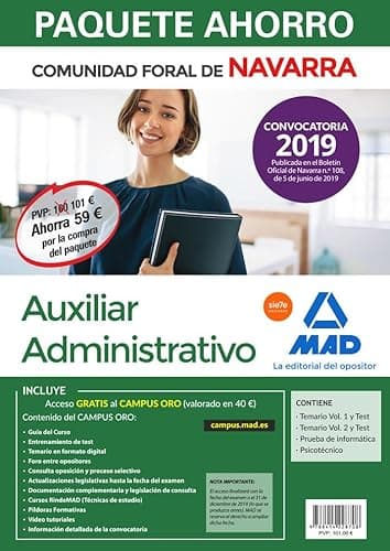 Paquete Ahorro Auxiliar Administrativo de la Comunidad Foral de Navarra. Ahorro de 59 € (incluye Temario y Test volúmenes 1 y 2; Prueba de informática, Psicotécnico y acceso a Curso Oro)