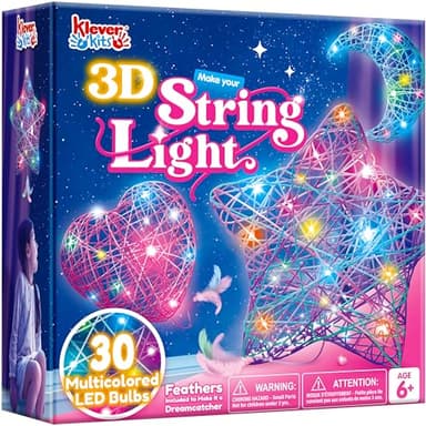 Klever Kits Kit de arte con cuerdas en 3D para niños de 8, 9, 10, 11 y 12 años, manualidades, juego de manualidades con farolillos para niñas, juguete con luces de cadena, regalos de cumpleaños