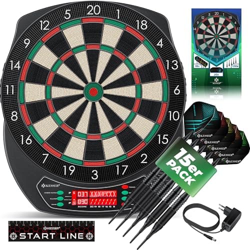 KESSER® Set Profesional de Diana Electrónica - Diana electrónica con 15 Dardos + 35 Plumas Pro 100 Puntas de Flecha + Accesorios para Dardos para 1 a 8 Jugadores