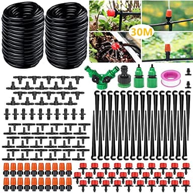 DONGQI Sistema de riego Jardín, 149 PCS Sistema de Riego por Goteo,30M Kit Riego con Ajustable Boquilla Aspersor Pulverizador y Gotero Automatico para Jardin Invernadero Césped Patio Terraza