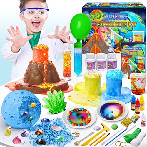 UNGLINGA Kit Científico con 50+ Experimentos para Niños, Kit de Ciencias Juego de química, Excavación de Piedras Preciosas, Volcán,Stem Juguetes Kit de Ciencia para Niños