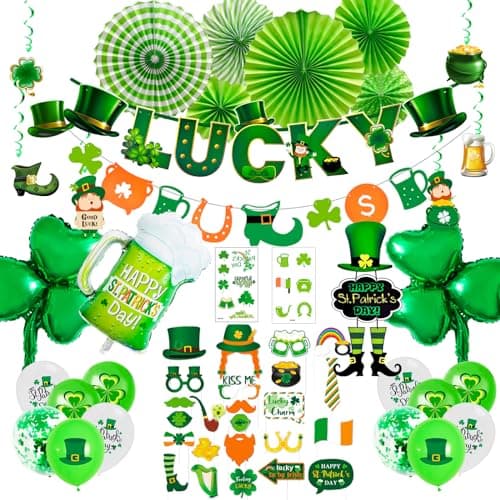 Decoración de Fiesta del día de San Patricio, 69 Pcs St. Patrick's Day Decoraciones - San Patricio Pancarta de Fiesta Globos Sticker etc Suministros para Fiestas Irlandesas del día de San Patricio