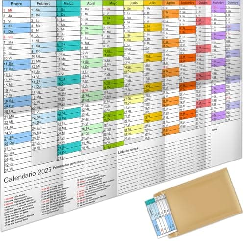 AEYAKA Calendario de Pared 2025 Calendario Anual Grande A1 Planificador con Resumen de días Festivos Calendario de Semanas Calendario Plegado 57 cm x 87 cm Españoles