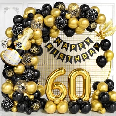 Decoraciones para 60º Cumpleaños, Kit Arco Globos Negros Dorados con Globos Foil Número 60, Globos Imprimidos, Banner Feliz Cumpleaños para Hombres Mujeres, Decoraciones Fiesta Negro Dorado 60 Años