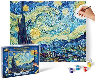 Schipper-MNZ 609130816 números – Noche Estrellada después de Vincent Van Gogh Adultos, Incluye Pinceles y Pinturas acrílicas, 40 x 50 cm, Color Azul/Amarillo