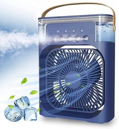 Ventilador portátil de aire acondicionado, enfriador de aire alimentado por USB, humidificador, 7 LED, pequeño con 3 velocidades, ventilador de refrigeración ultrasilencioso para familia, viajes,