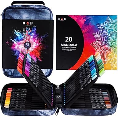 H & B Juego de lápices de colores de 72 piezas con hojas de mandala para colorear, suministros de arte, kit de dibujo para adultos y niños