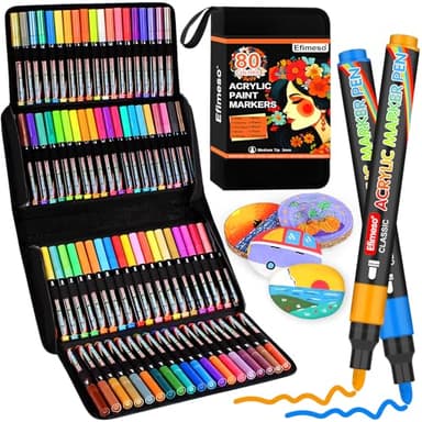 Efimeso Rotuladores Acrilicos, 80 Colores Marcadores Acrílicos De Rocas, Lienzo, Madera, Piedra, Cerámica, Vidrio, Tela, Acrylic Paint Marker De Punta Mediana De 3 MM Para Manualidades