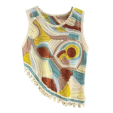 Camiseta de verano con cuello redondo para mujer, chaleco de ganchillo ahuecado, camiseta de manga corta de punto, dobladillo de borla, chaleco de punto para mujer, chaleco de punto de moda para