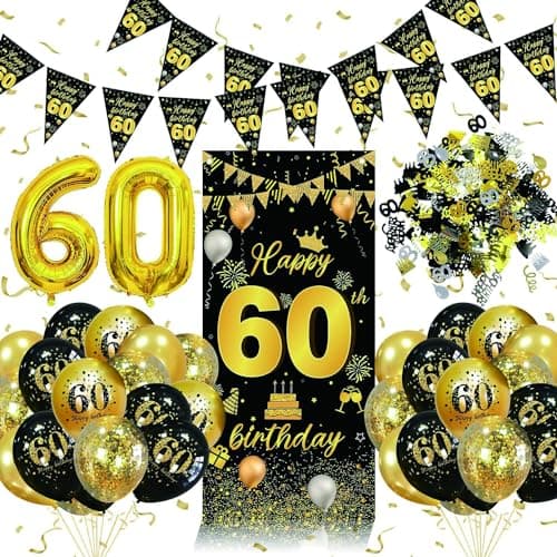 Globos 60 Cumpleaños Hombre Mujer, Decoracion 60 Cumpleaños Oro Negro con Globos de Cumpleaños 60 años, 60 año Decoracion Cumpleaños Feliz, Fiesta de 60 años Decoraciones para 60 Cumpleaños Hombre