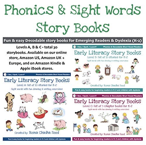 I See, I Spell, I Learn - Fonética, palabras visuales y libros de cuentos de vocales cortas (lectores decodificables para todos los niños en K-3 y dislexia) - Paquete de todos los niveles A, B y C -
