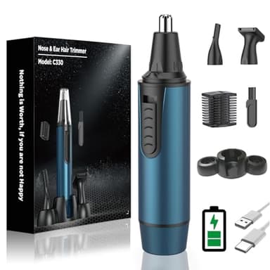 Cortapelos Nariz y Oreja, 3 en 1 Profesional Cortapelos Nariz, Recargable Indoloro Recortador Pelos Nariz con Cable Tipo-c, IPX7 Impermeable, Uso Húmedo y Seco, Cuchillas de Doble Filo, Azul