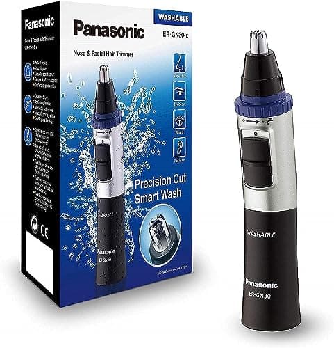 Panasonic ER-GN30-K503 - Naricero/ Recortador de Vello Facial (Nariz, Oreja, Cejas y Bigote, Acero Inoxidable, Función con Pilas, Sistema de Limpieza Inteligente) para Hombre, Azul/ Negro/ Plata, Estándar